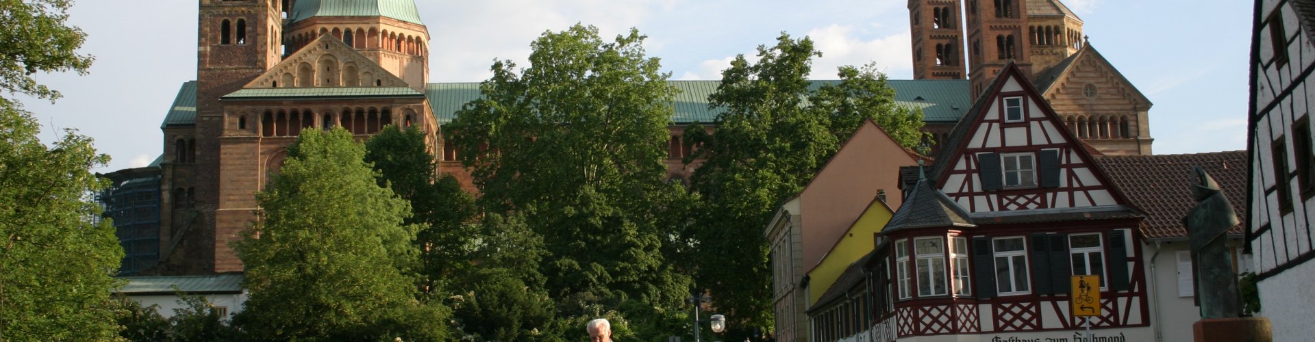 Tram passing historic buildings in Speyer