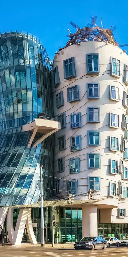 Passenger looking out tram window in Prague