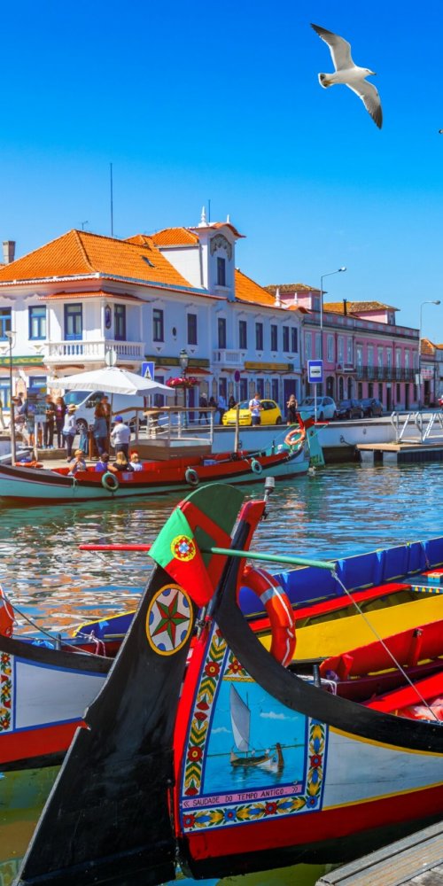 Tram passing by scenic canal in Aveiro
