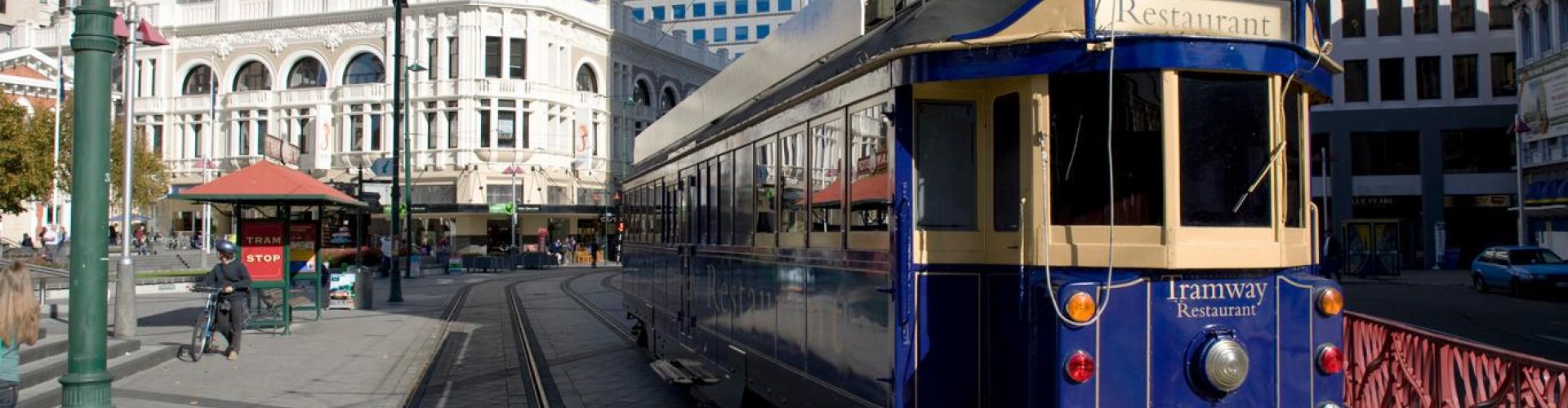 Christchurch tram passing the Avon River
